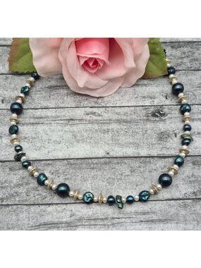 Artisan Necklace 22" Teal Iridescent Blue & White Freshwater Pearls & Beads